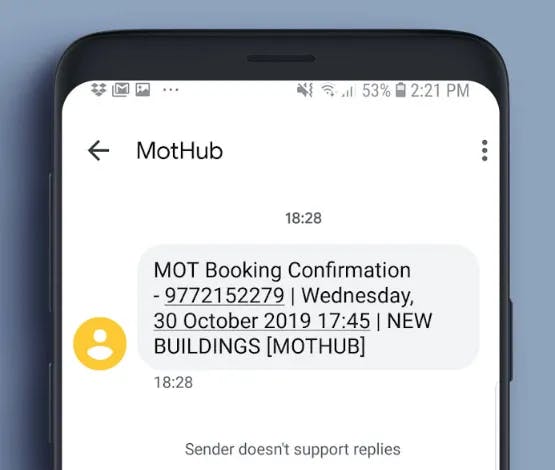 MOT Hub text notification example