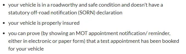 MOT Expiry No Penalty Requirements